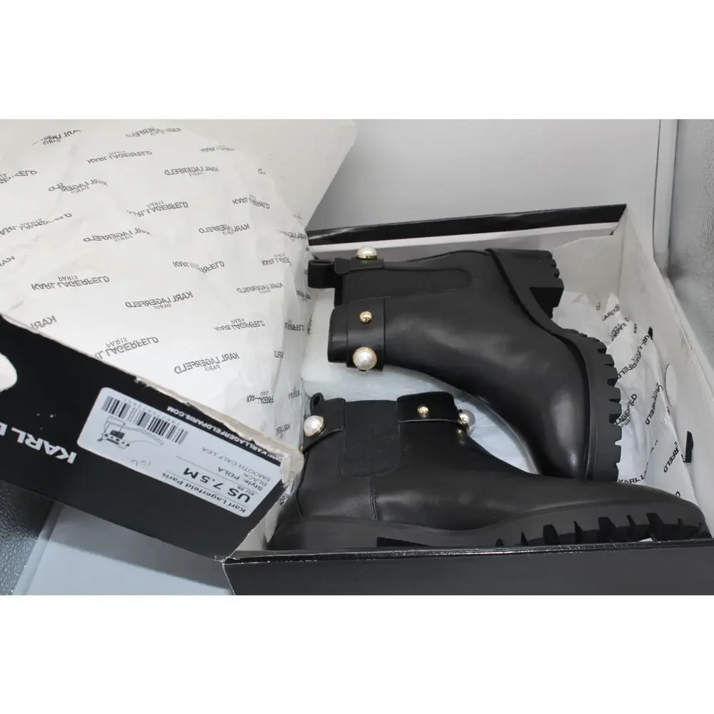 NWT Karl Lagerfeld Paris Pola Black Smooth Calf Lea Gold Pearl Boots Size 7.5M - Picture 12 of 13
